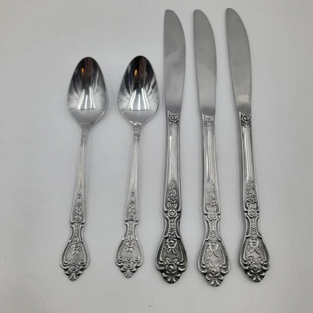 Normandy Stainless Japan Flatware Set 5pc Floral Rose Pattern 3 Knives 2 Spoons